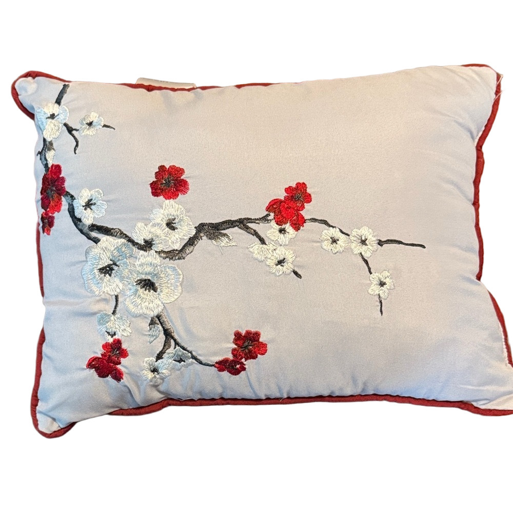 Cherry Blossom Embroidered Pillow - Red, White and Gray